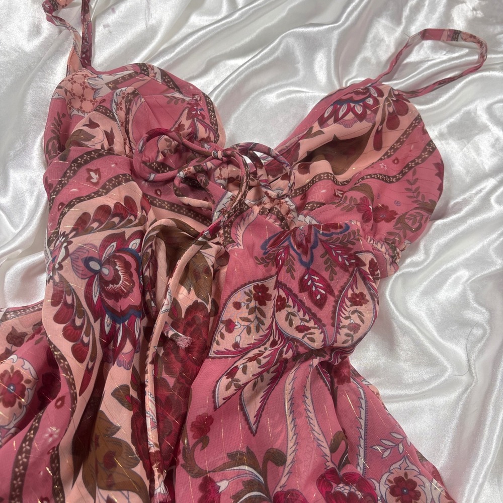 y2k Rampage Camisole Pink Excellent Paisley Handkerchief Hem Lace Up Top - Picture 3 of 6